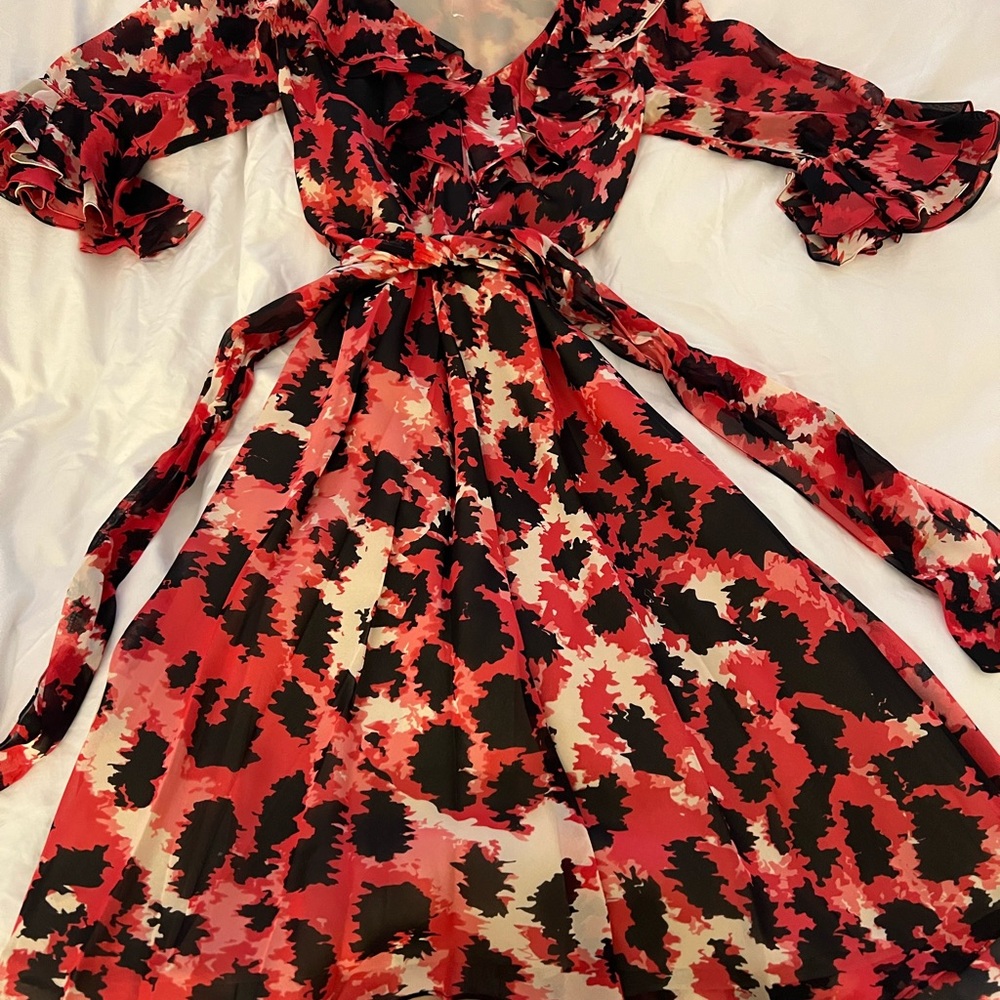 Yoana Baraschi Red & Black Abstract Print Ruffle V-Neck Midi Dress XS